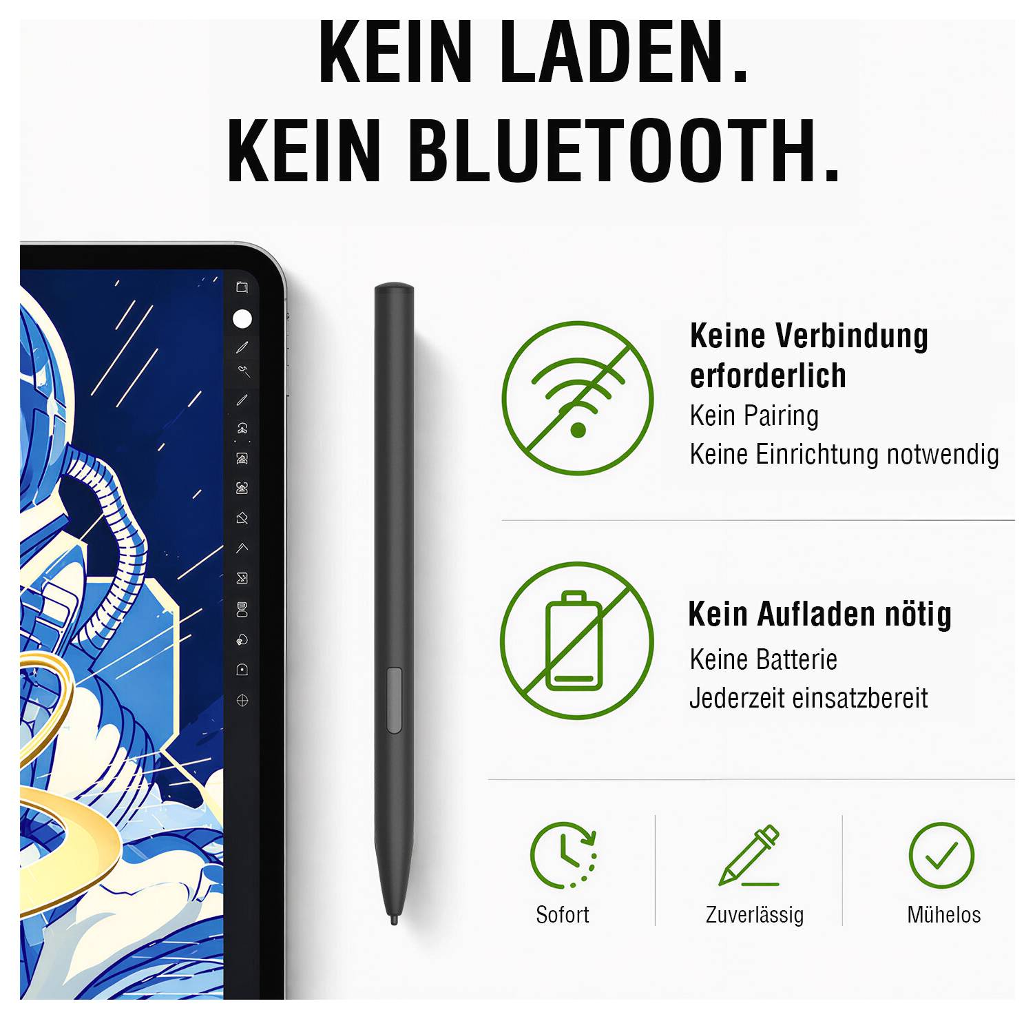 KEIN LADEN. KEIN BLUETOOTH.Keine Kopplung oder Einrichtung erforderlich, kein Aufladen nötig, und es funktioniert sofort, zuverlässig und mühelos.