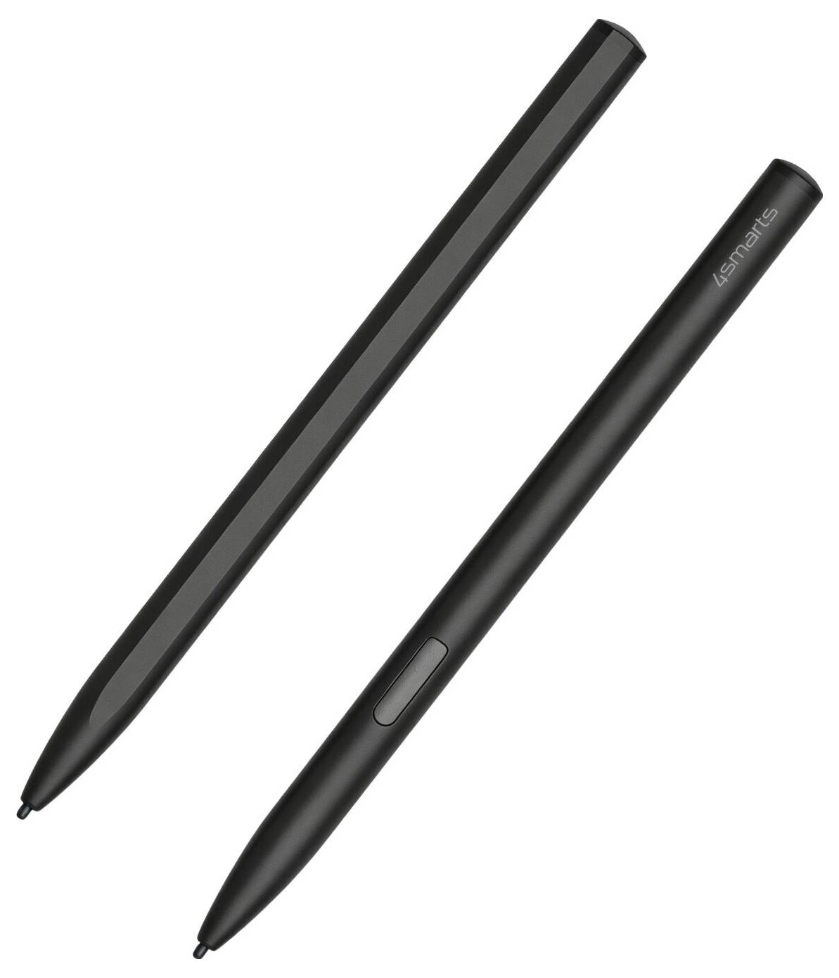 Zwei schwarze Stiftstifte auf weißem Hintergrund, einer mit einer Seitentaste und einer im Winkel positioniert, um die Spitze zu zeigen.