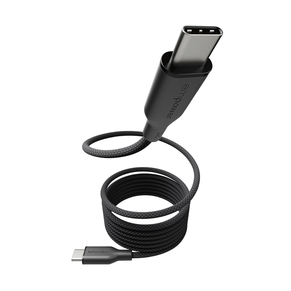 Schwarzes geflochtenes USB-C-Ladekabel mit Metallsteckern, aufgerollt auf weißem Hintergrund dargestellt.