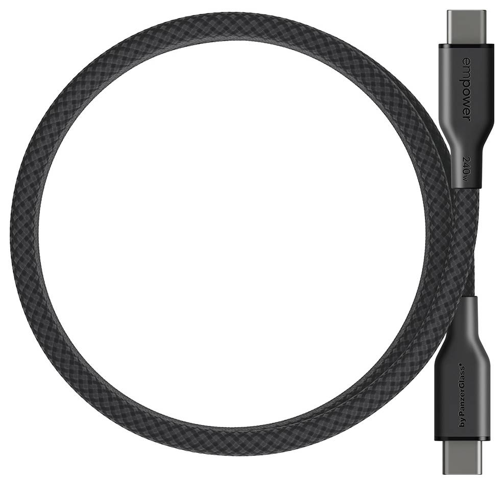 Schwarzes geflochtenes USB-C-Kabel, das zu einem Kreis aufgewickelt ist, mit sichtbaren Anschlüssen auf der rechten Seite.