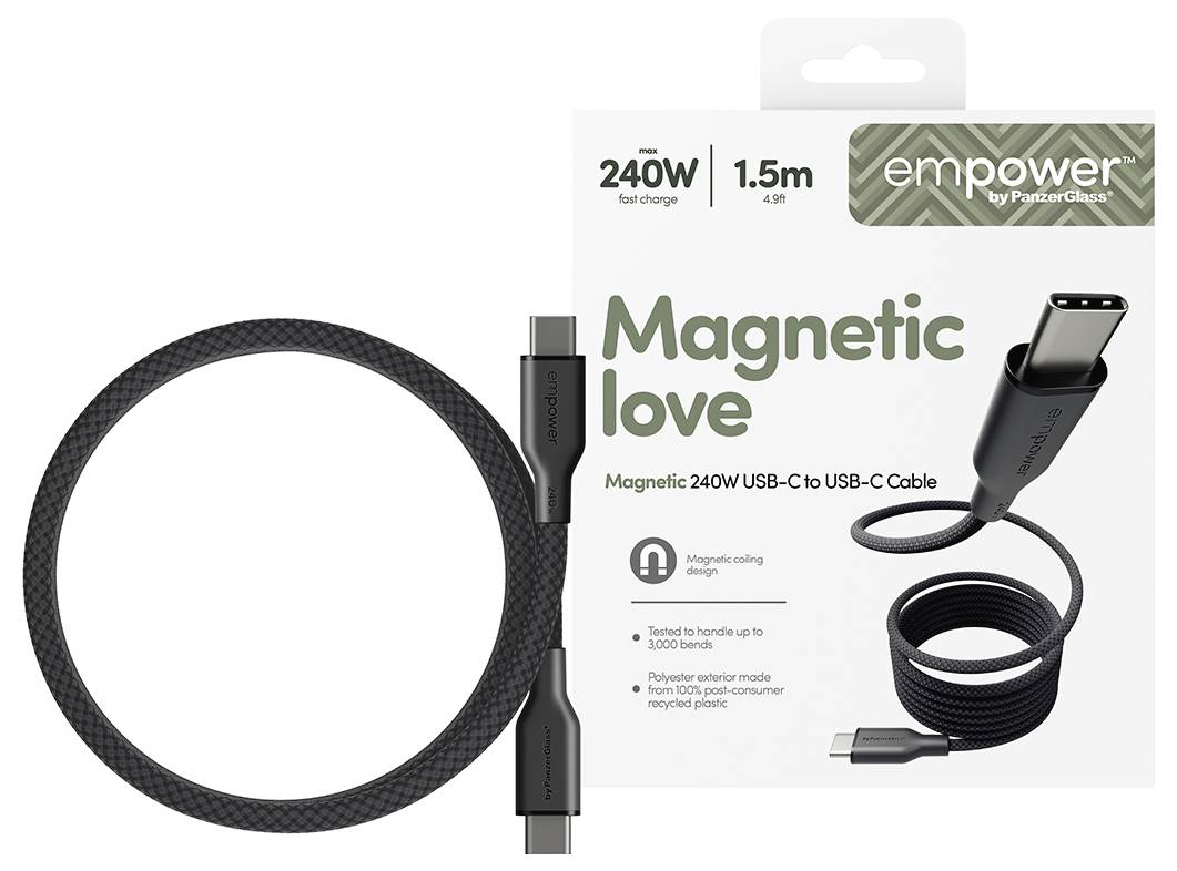 Produktpaket und aufgerolltes schwarzes USB-C-auf-USB-C-Kabel mit der Bezeichnung „Magnetic Love
