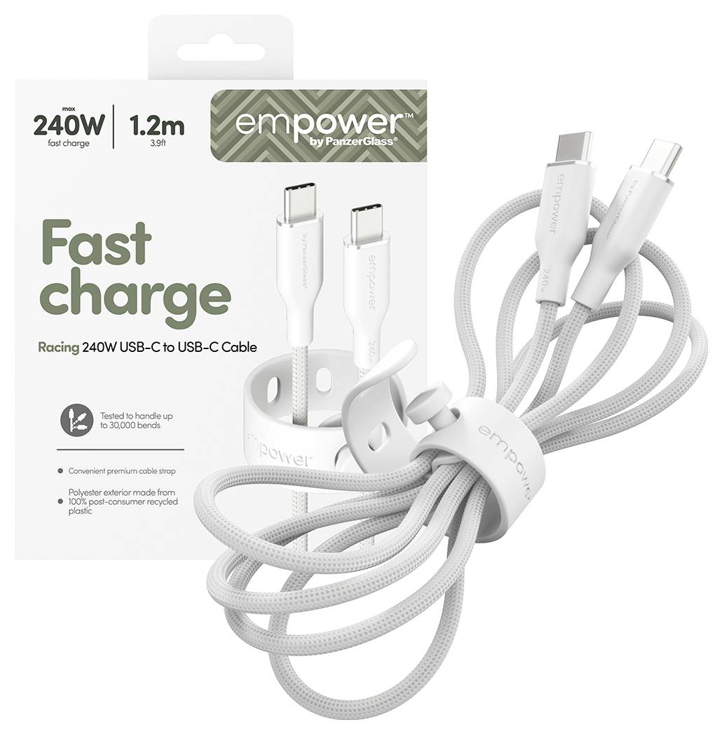 Produktverpackung und ein aufgewickeltes weißes USB-C-zu-USB-C-Ladekabel mit der Bezeichnung 