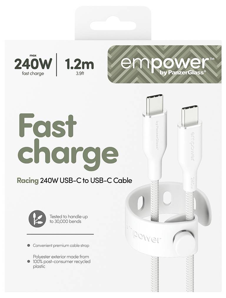 Produktverpackung für empower by PanzerGlass 1,2-m-Schnelllade-USB-C-auf-USB-C-Kabel mit 240 W, weißes Kabel mit Riemen und zwei angezeigten Anschlüssen.