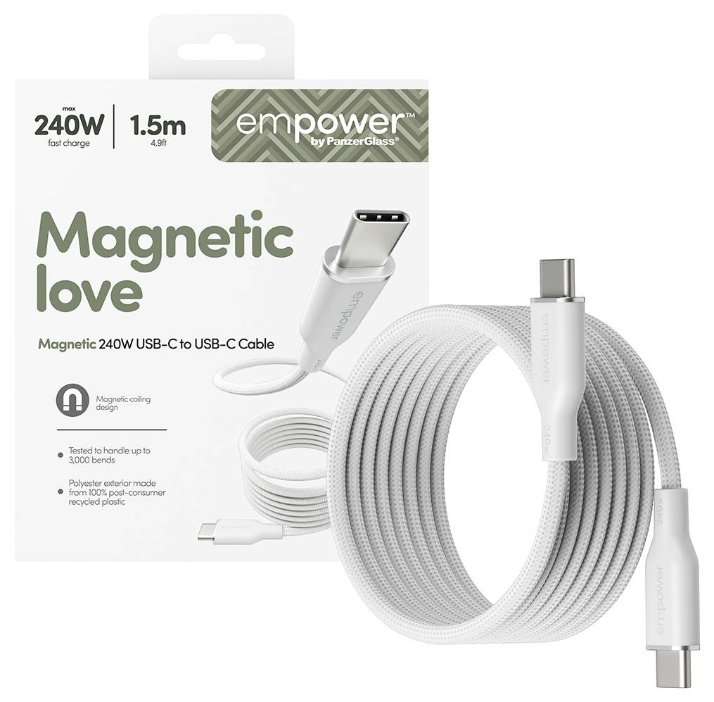 Verpackung für ein Empower by PanzerGlass 1,5 m magnetisches 240W USB-C zu USB-C Kabel, das ein aufgewickeltes weißes Kabel und USB-C-Anschlüsse zeigt.