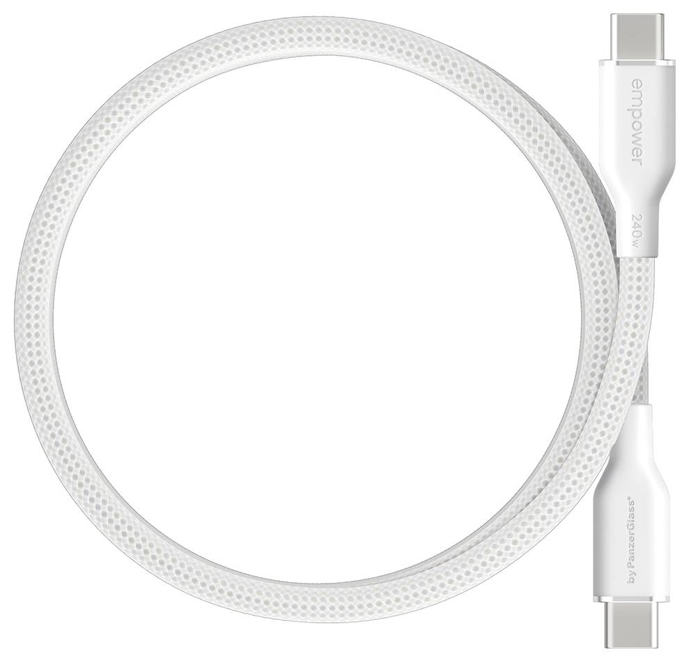 Weißes geflochtenes USB-C-Ladekabel, das in einem Kreis aufgerollt ist, mit silbernen Steckern auf der rechten Seite und sichtbarem 