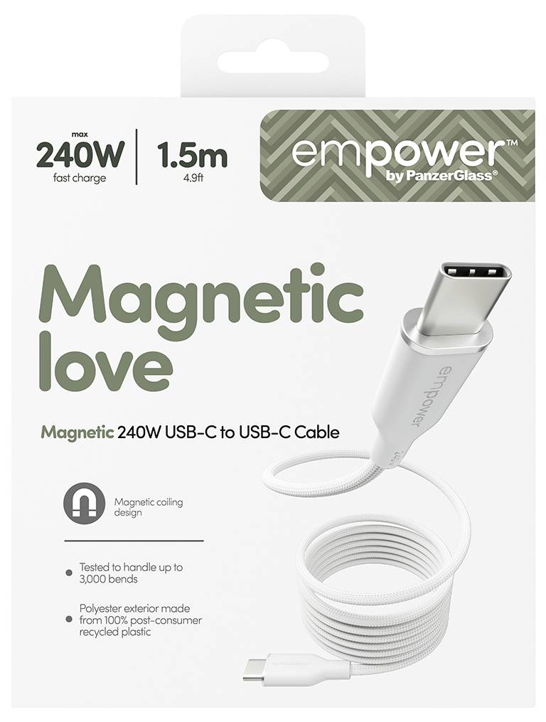 Verpackung für ein 'empower by PanzerGlass' magnetisches 240W USB-C zu USB-C Kabel, 1,5 m lang, mit aufgewickeltem Kabel und Steckerdarstellung.