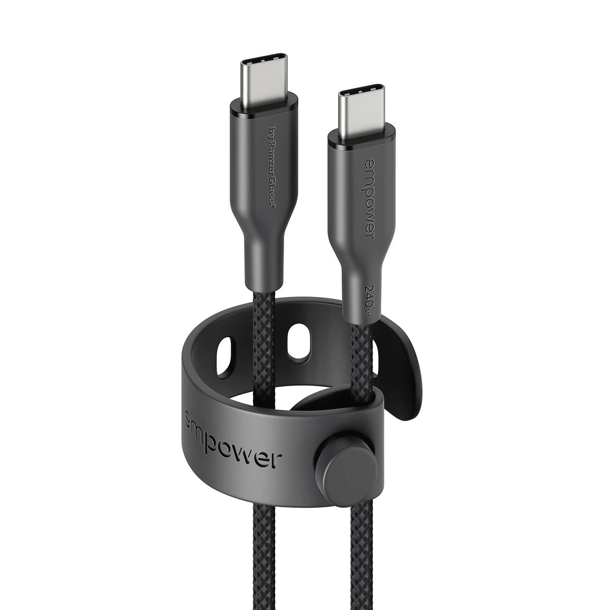 Zwei USB-C-Ladekabel in einem schwarzen Klemmhalter im Klemmstil, mit geflochtenen Kabeln und „empower