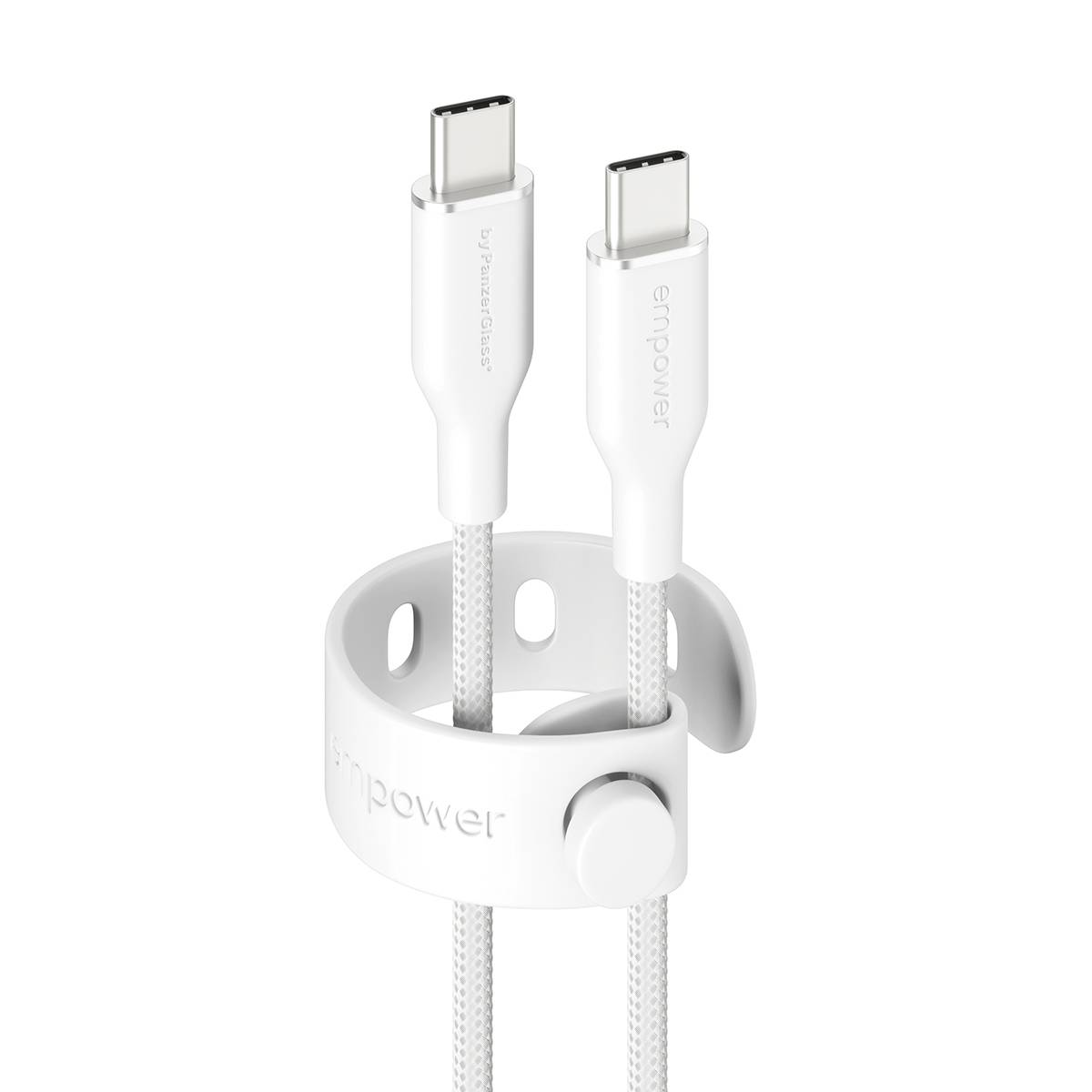 Zwei weiße USB-C-Ladekabel, die zusammen in einem Kabelorganizer-Clip gehalten werden, mit „empower
