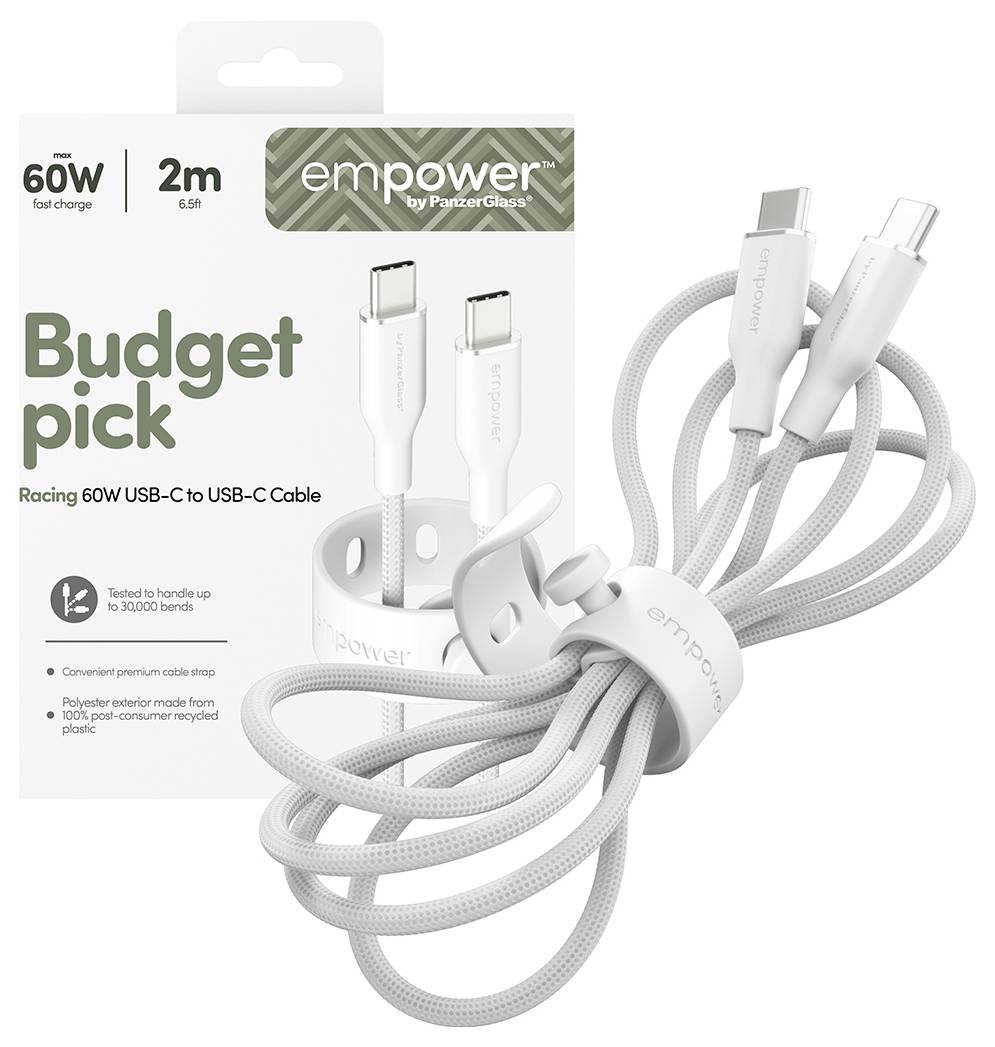 Produktpaket für Empower von PanzerGlass 60W 2m USB-C zu USB-C Kabel, mit dem Label „Budget-Wahl