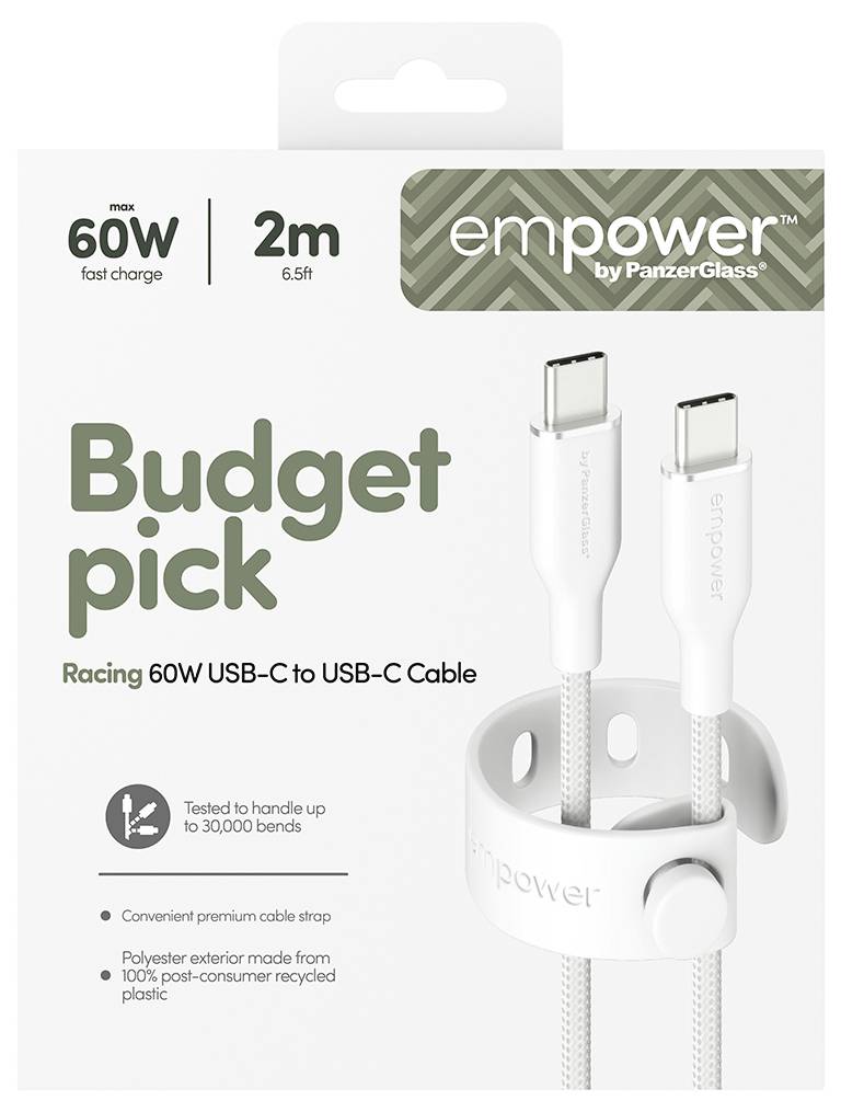 Verpackung für ein Empower von PanzerGlass 2m USB-C auf USB-C Kabel, gekennzeichnet mit „Budget pick
