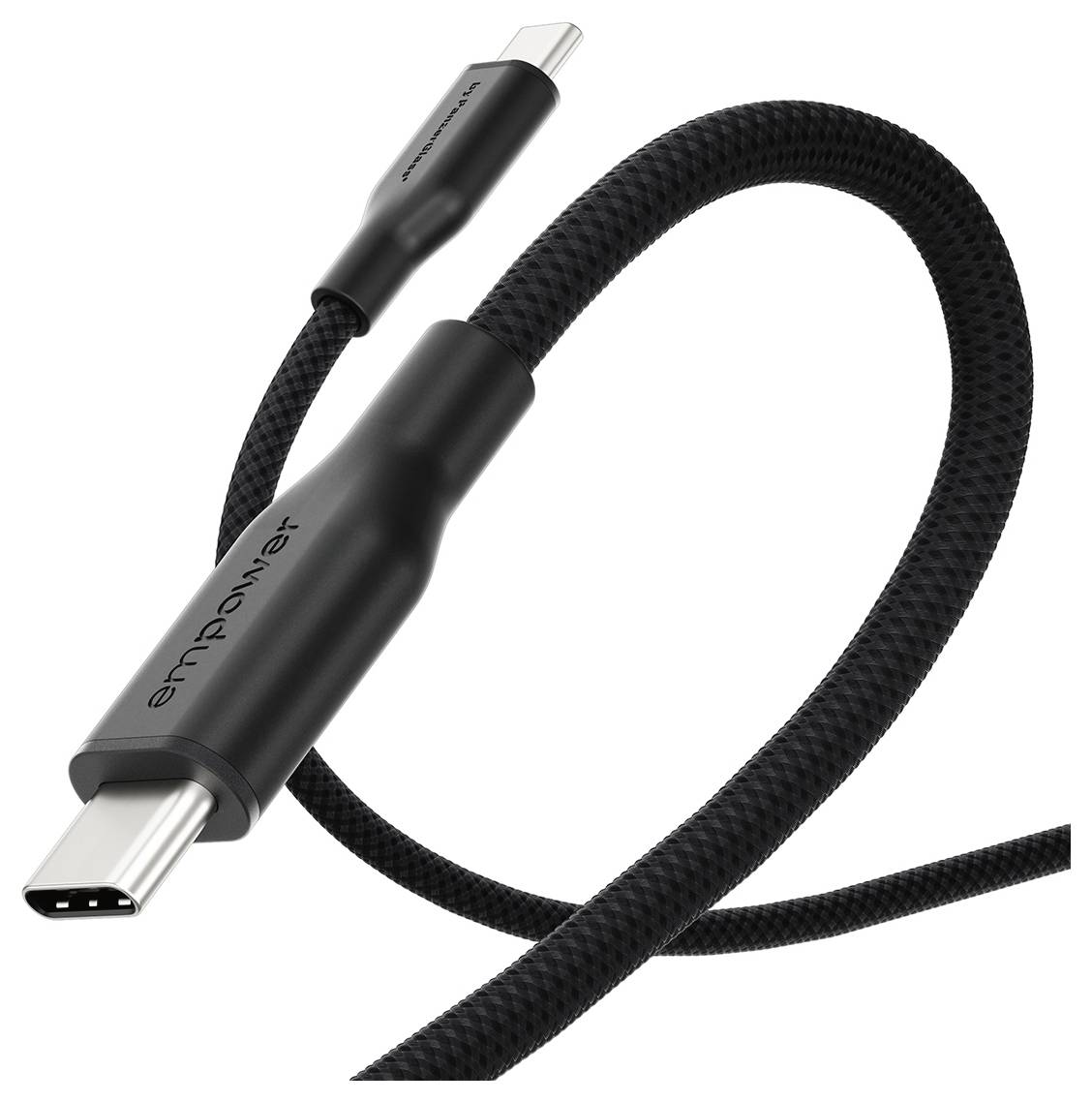 Schwarzes geflochtenes USB-C-Kabel mit metallischen Steckern, auf weißem Hintergrund aufgerollt dargestellt.