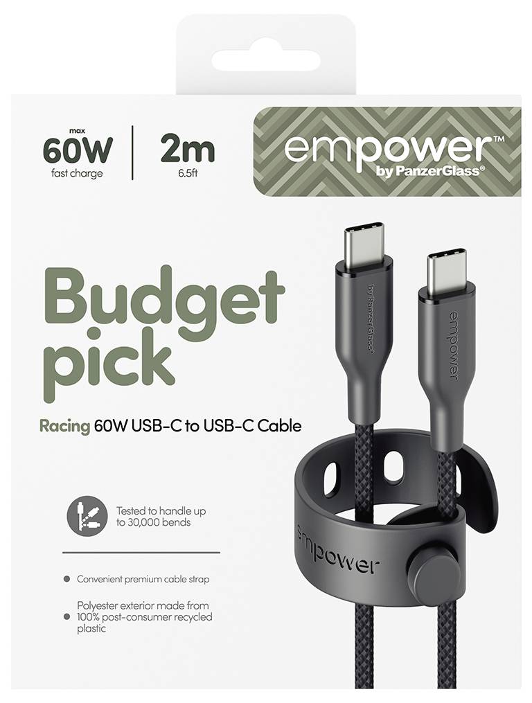 Verpackung für empower by PanzerGlass 2m USB-C zu USB-C Kabel, max 60W Schnellladung, gekennzeichnet mit „Budget pick