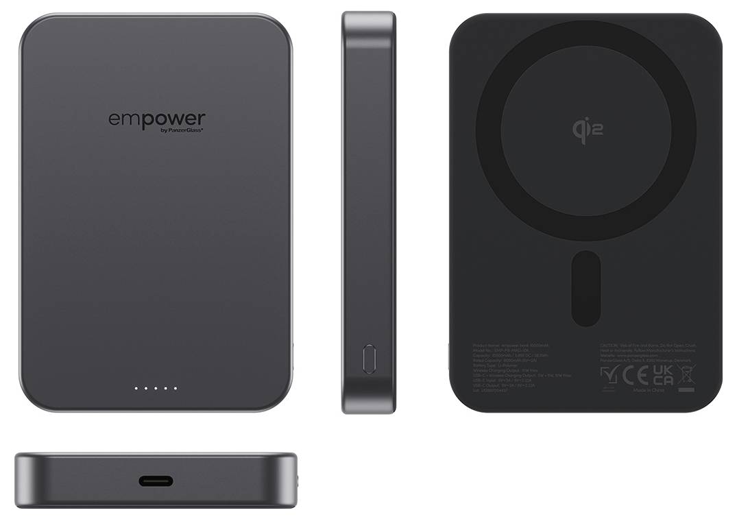 Vier Ansichten einer schwarzen "Empower" Qi-Wireless-Powerbank/Ladepad mit Vorder-, Seiten-, Rück- und Unteransicht mit Ladeanschluss und Anzeigeleuchten.