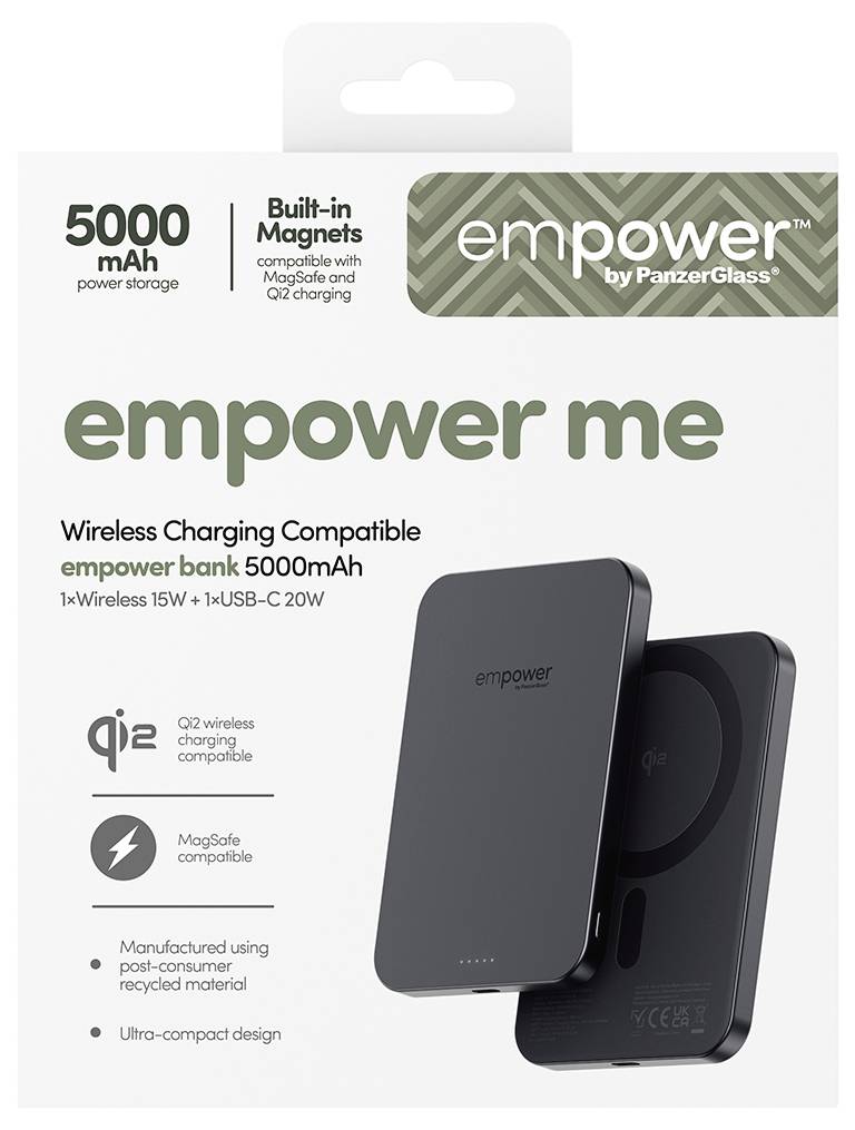 Verpackung für „empower me" 5000-mAh-Wireless-Charging-Powerbank mit integrierten Magneten, MagSafe- und Qi2-Kompatibilität sowie kompaktem schwarzem Design.