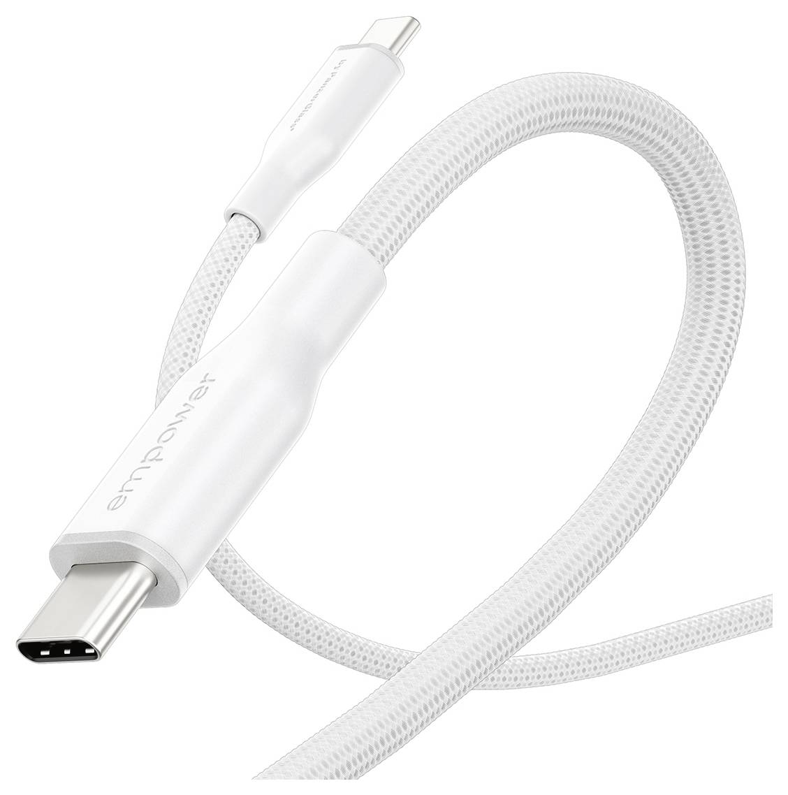 Weißes geflochtenes USB-C-Ladekabel mit bedruckten Steckern auf einfachem Hintergrund.