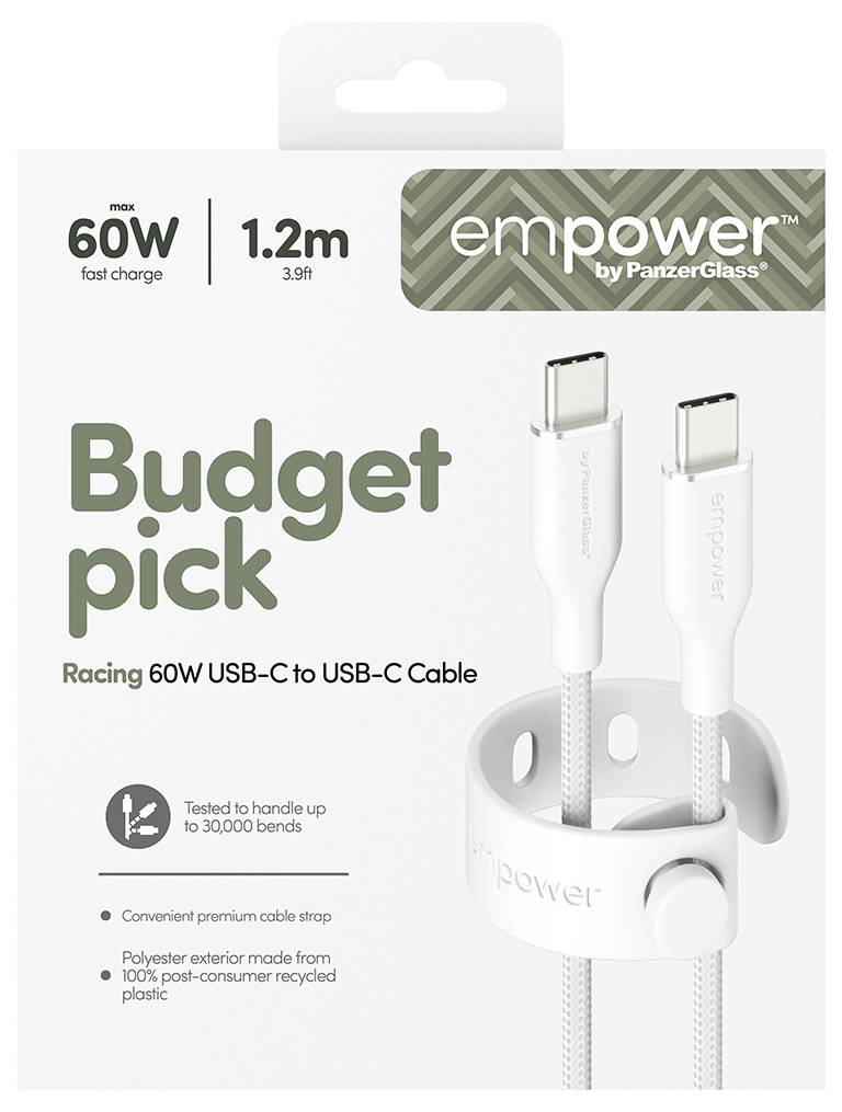 Produktpaket für empower von PanzerGlass 1,2 m USB-C-zu-USB-C-Kabel, gekennzeichnet als „Budget-Auswahl