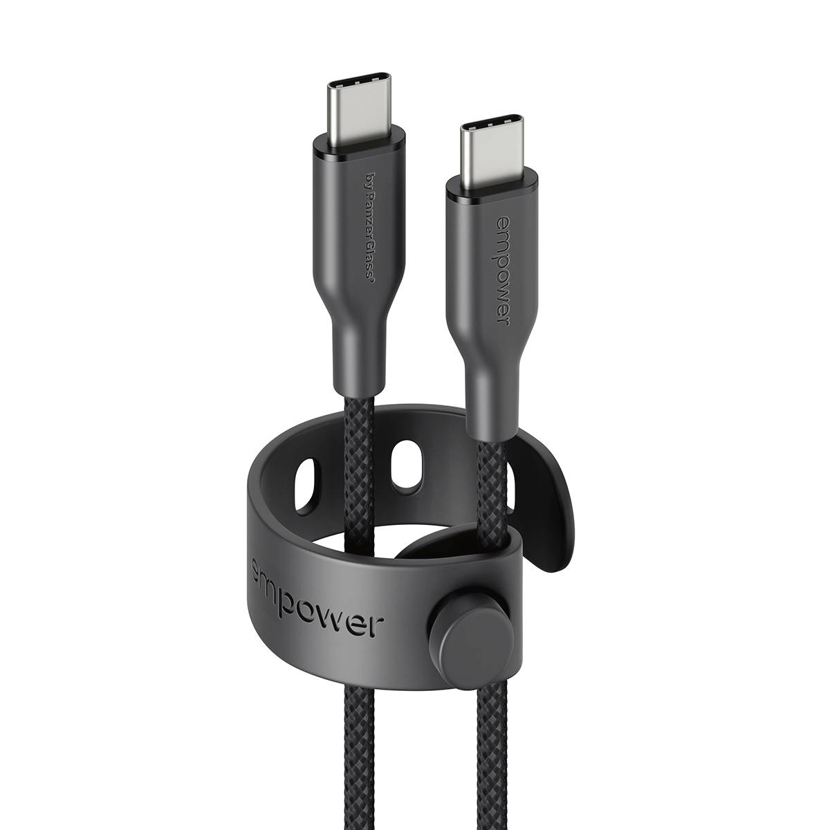 Schwarzer magnetischer Kabelorganizer, der zwei USB-C-Ladekabel aufrecht auf einem Riemenring hält, mit dem eingeprägten Wort „empower