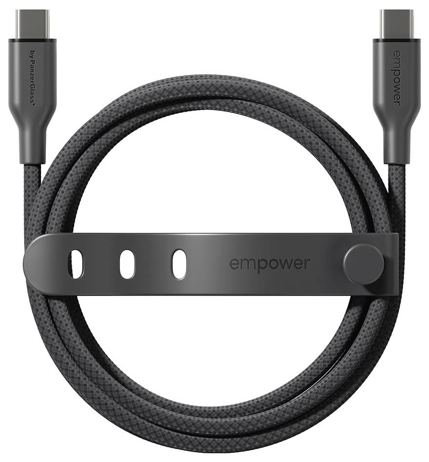 Aufgerolltes schwarzes USB-C-Kabel mit grauem Riemen und „empower