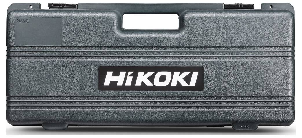 Ein schwarzes Hartkunststoff-Tragegehäuse mit der Aufschrift „HiKOKI