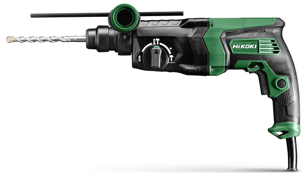 Elektrischer Bohrhammer mit Seitenbügel und Bohrmeißel, in der Profilansicht auf weißem Hintergrund dargestellt.