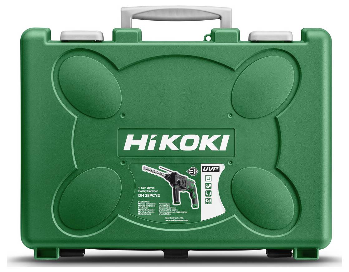 Grüner HiKOKI Hartschutzkoffer für ein Elektroschrauber-Set, mit Griff und Produktetikett auf der Vorderseite.