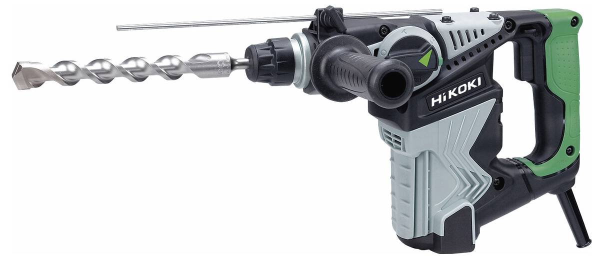 Schnurgebundener Hikoki-Elektroschrauber mit langem Bohrer und Seitengriff, gezeigt vor weißem Hintergrund.