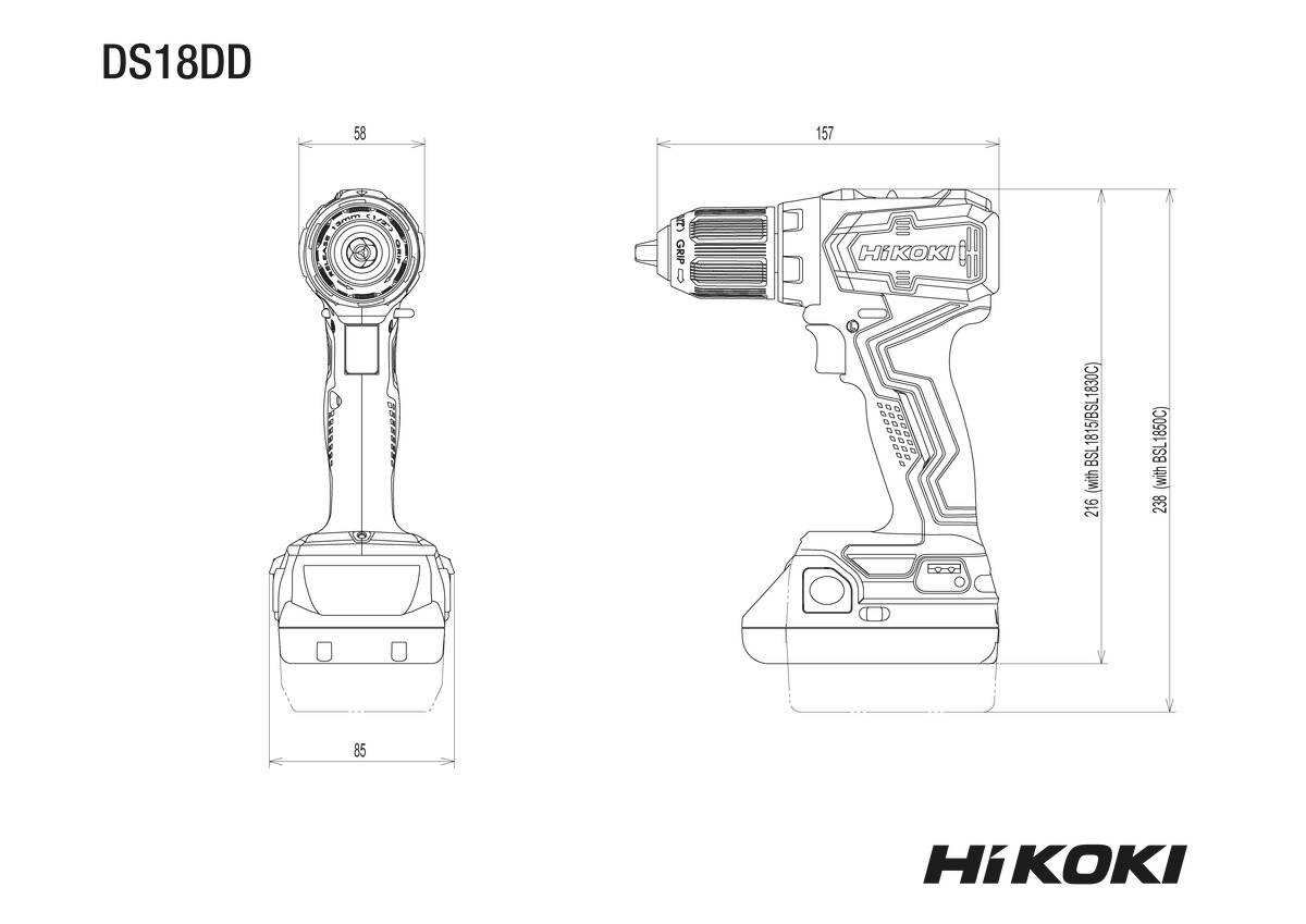 Technische Zeichnung eines HiKOKI DS18DD Akkubohrschraubers dargestellt in Vorder- und Seitenansichten mit Abmessungsmessungen.