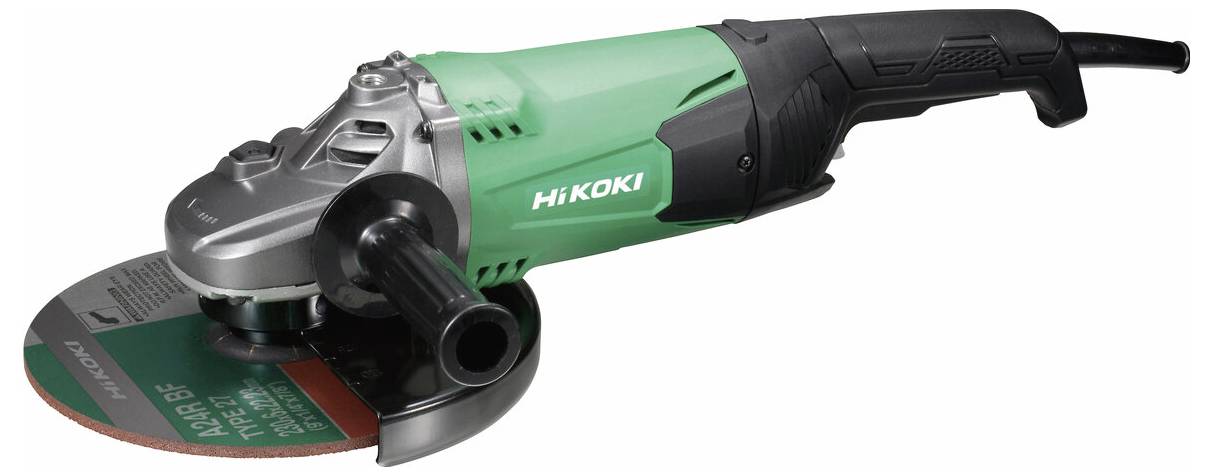 Hikoki Elektroschleifermaschine mit Schleifscheibe und Seitenschliff, dargestellt auf weißem Hintergrund.