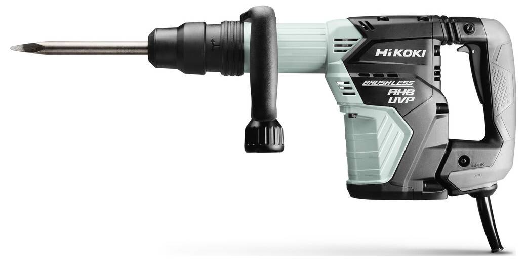 HiKOKI Elektro-Abbruchhammer mit langem Meiselbit und Seitengriff, dargestellt im Profil auf weißem Hintergrund.