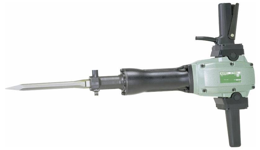 Elektroschreckloch mit langem Metallmeiβelbit in der Seitenansicht auf weißem Hintergrund.