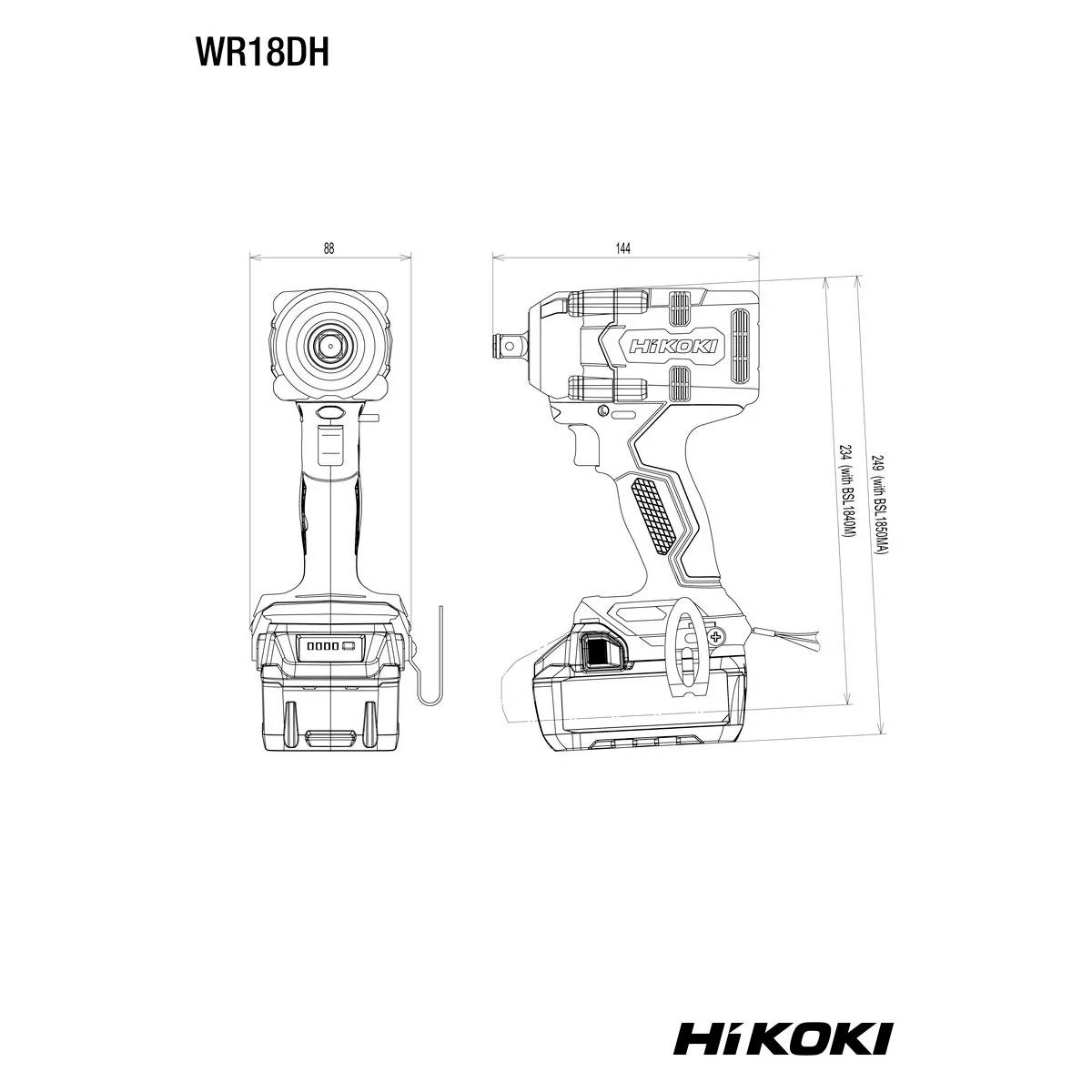 Technische Linienzeichnung eines Hikoki WR18DH Akku-Schlagschraubers dargestellt von vorne und von der Seite, mit Abmessungen in Millimetern gekennzeichnet.