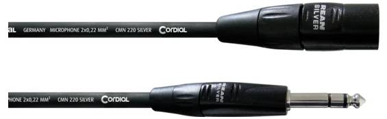 Zwei Audio-XLR-Kabel nebeneinander dargestellt: eines mit einem Buchsenstecker und eines mit einem Steckerstecker, beide mit der Bezeichnung Cordial gekennzeichnet.