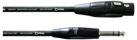 Zwei nebeneinander angeordnete Audiokabel: Das obere hat einen schwarzen XLR-Stecker, und das untere hat einen 6,35-mm-Klinkenstecker.