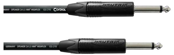 Zwei schwarze Neutrik 1/4-Zoll-Lautsprecherkabel mit 2,5 mm² hochflexiblem Kabel, horizontal auf weißem Hintergrund dargestellt.