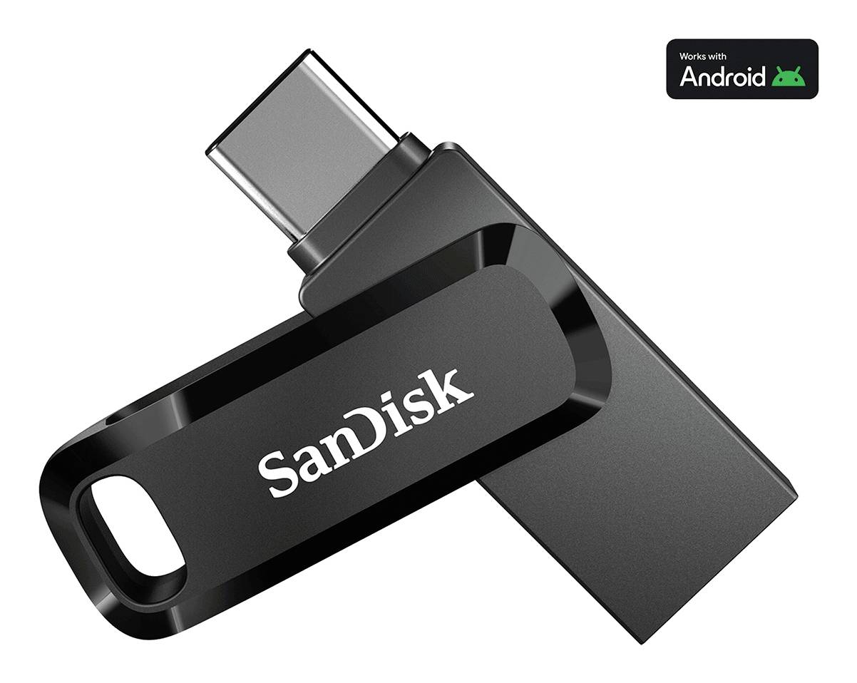 SanDisk USB-C-Speicherstick auf weißem Hintergrund mit dem Abzeichen „Funktioniert mit Android