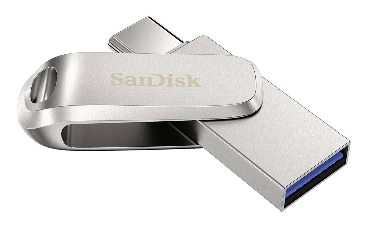 Silber SanDisk USB-Stick mit Drehkappe, dargestellt auf weißem Hintergrund.