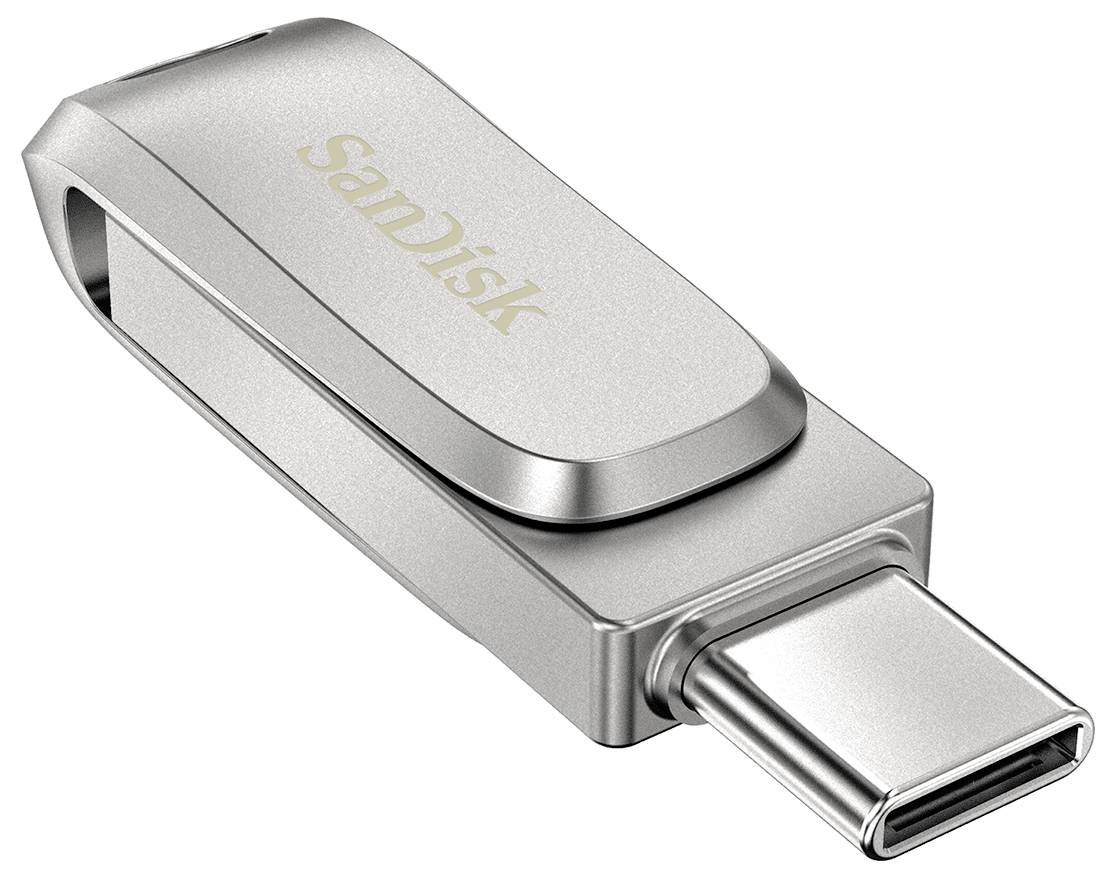 Silberner SanDisk USB-C-Speicherstick auf weißem Hintergrund, in Nahaufnahme mit verlängertem Anschluss dargestellt.