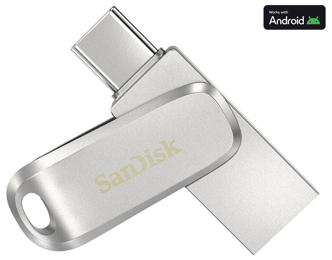 Silberner SanDisk USB-C-Speicherstick mit drehbarer Schutzkappe, dargestellt mit dem Abzeichen „Kompatibel mit Android".