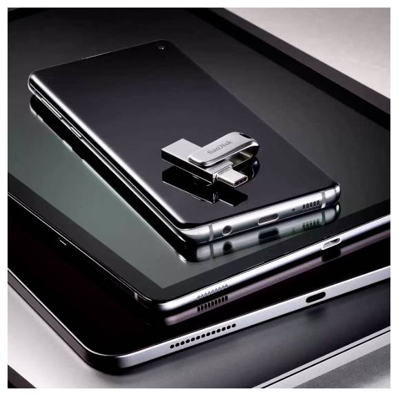 Gestapelte Smartphones und ein Tablet mit einem SanDisk-USB-Stick, der oben aufliegt und auf mobilen Dateispeicher oder -transfer hindeutet.