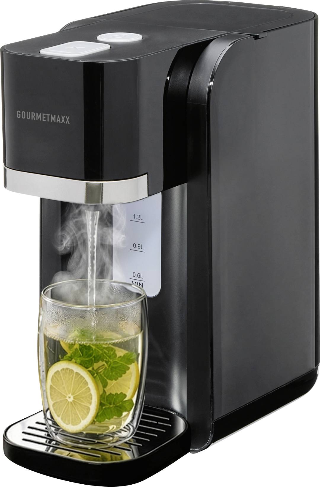 Schwarzer Arbeitsplattenbeverage-Dispenser mit der Bezeichnung 