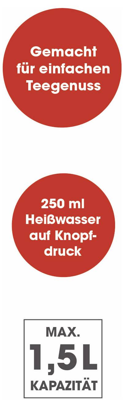 Drei rote Kreise mit Hinweisen: „Gemacht für einfachen Teegenuss“, „250 ml Heißwasser auf Knopfdruck“ und „MAX. 1,5 L KAPAZITÄT“.