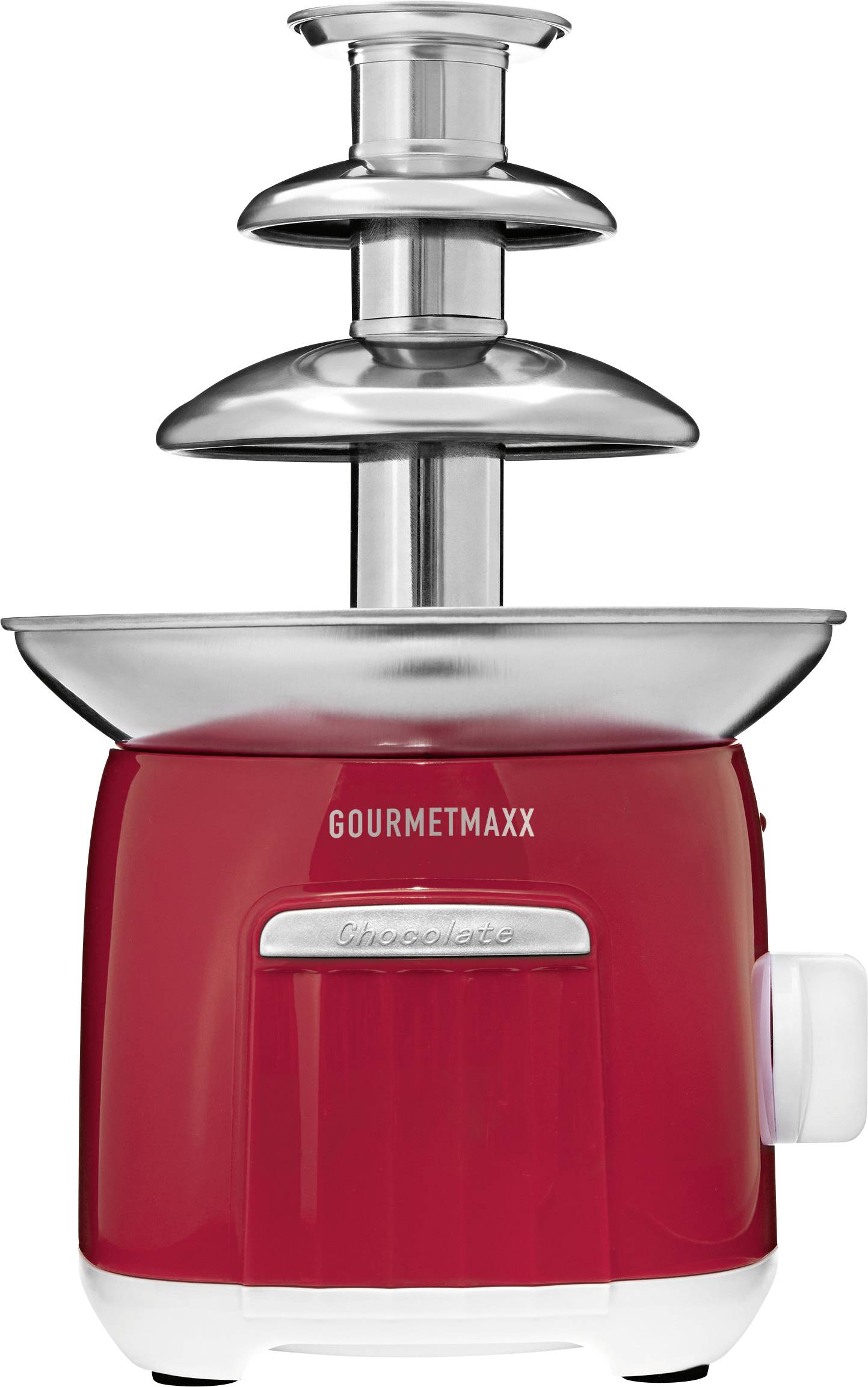 Rote Gourmetmaxx Schokoladenbrunnen mit Metalltiers und weißem Sockel zum Servieren von geschmolzener Schokolade.