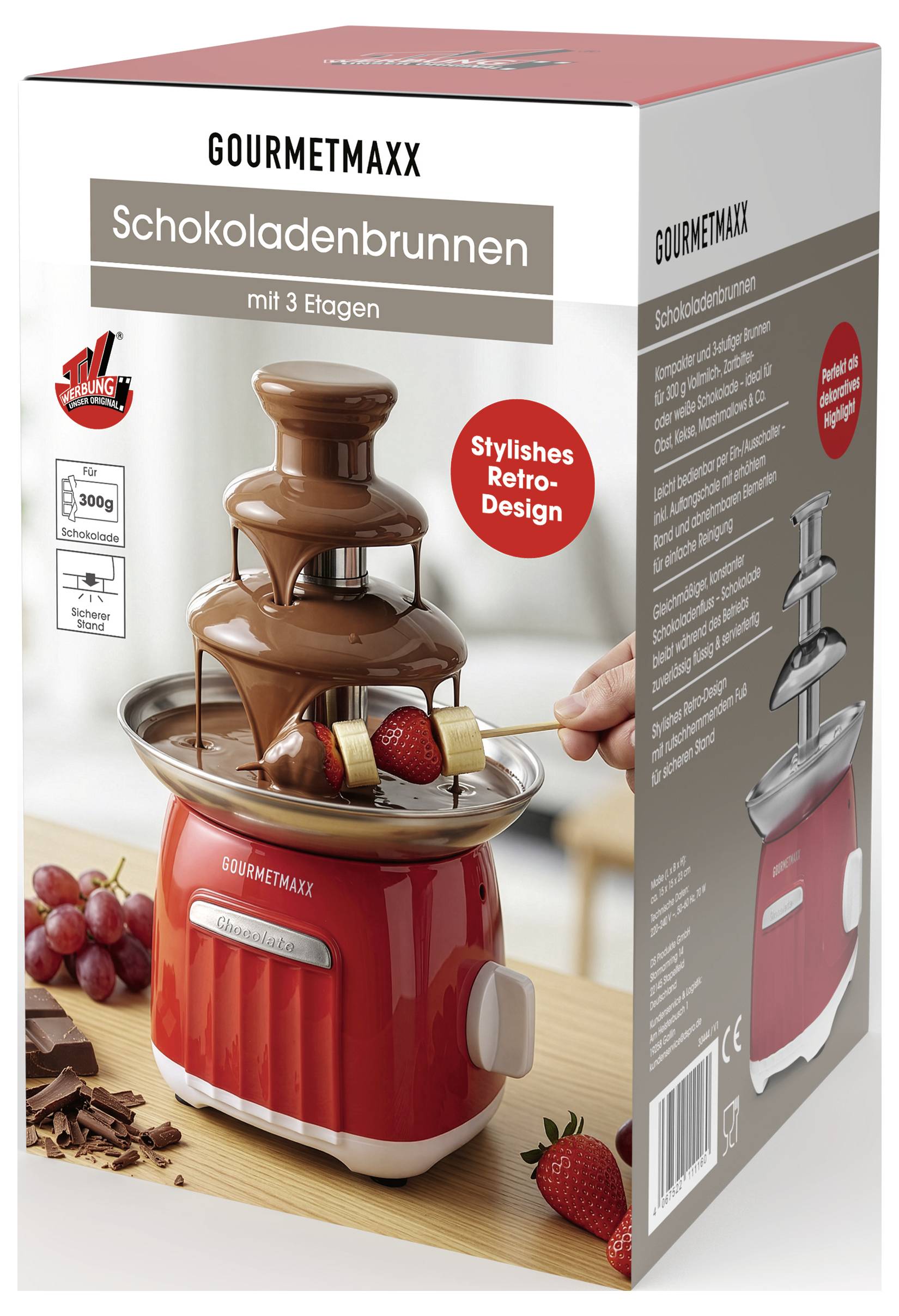 GOURMETMAXX Schokoladenbrunnen-Verpackung mit einem roten Schokoladenbrunnen mit der Aufschrift „Schokoladenbrunnen