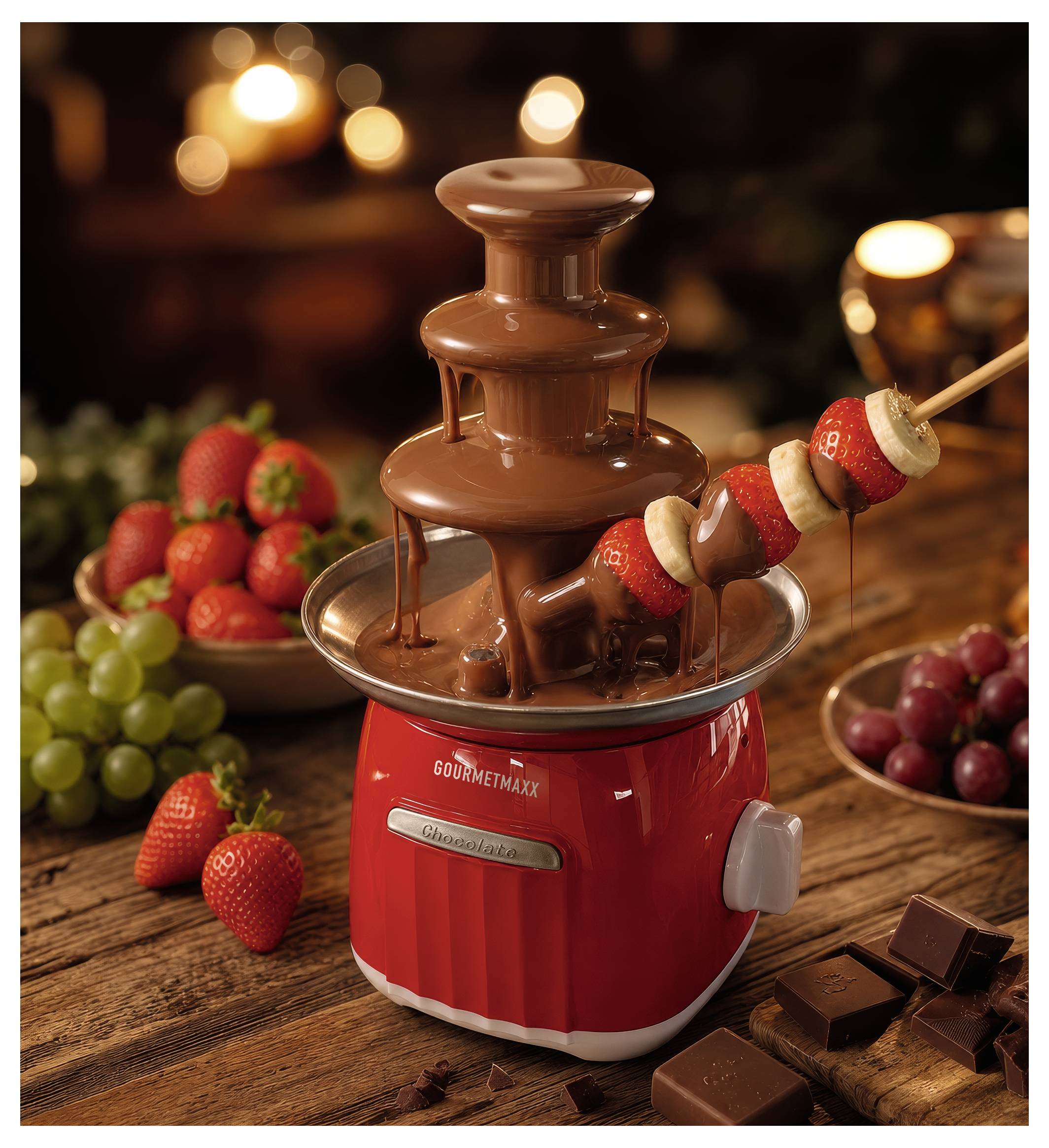 Schokoladenbrunnen-Fondue auf einem roten Tischgerät, mit Erdbeeren, Trauben und Marshmallow-Spießen, die in fließende Schokolade eintauchen.