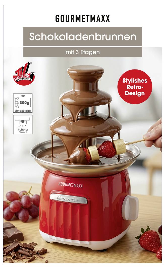 Produktbild eines roten GOURMETMAXX Schokoladenbrunnens mit 3 Etagen, der Schokolade über Erdbeeren und Obst fließen lässt; Hinweis: stilvolles Retro-Design.
