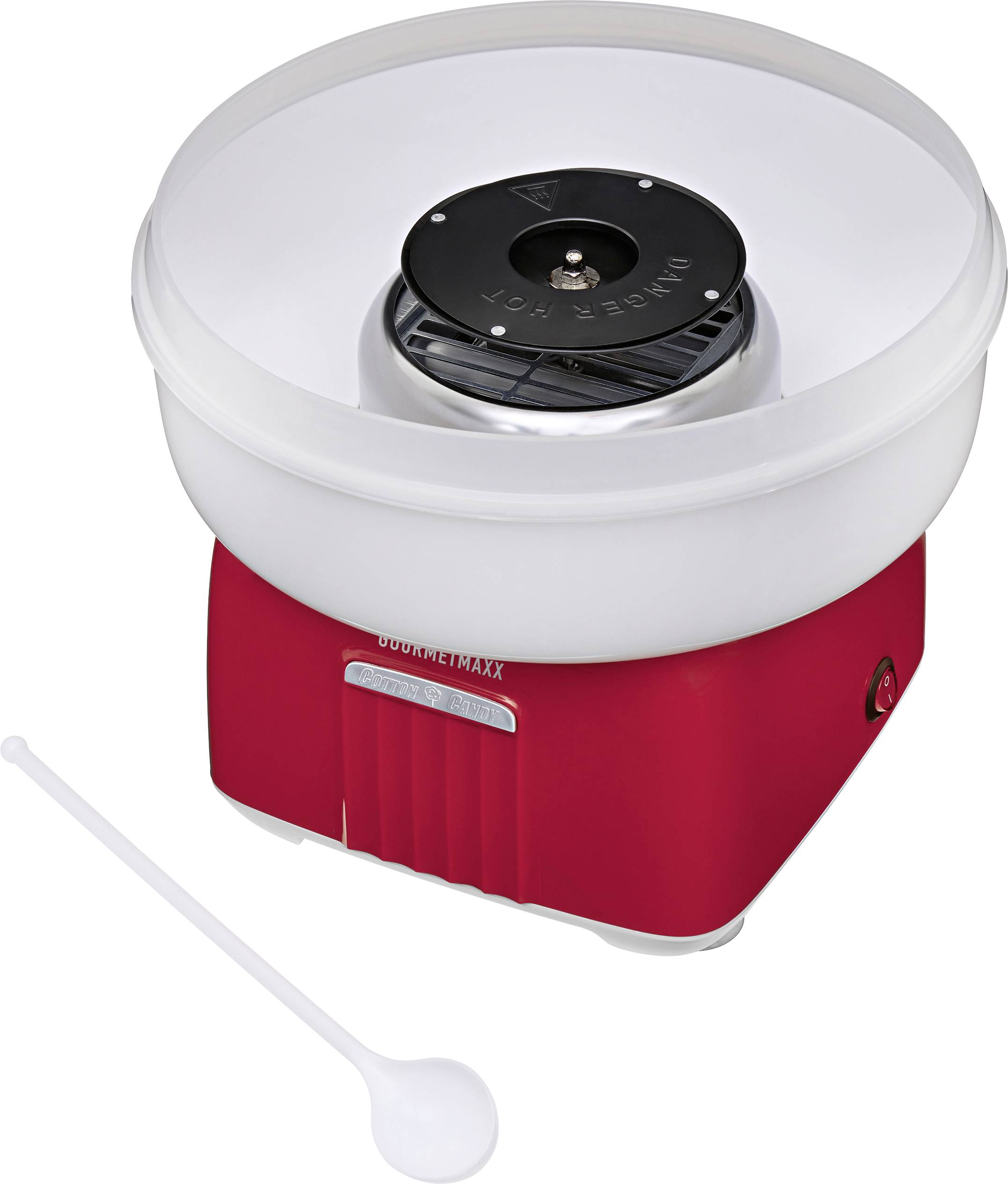 Rote Zuckerwattemaschine mit durchsichtiger Schüssel und weißem Kunststofflöffel auf weißem Hintergrund.