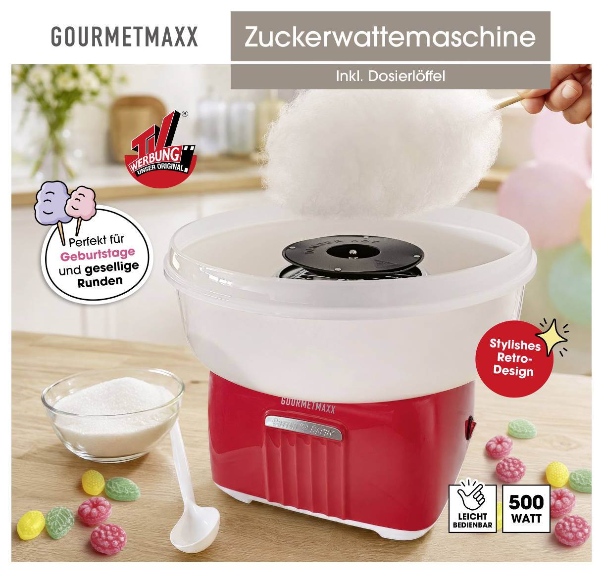 Werbebild einer GOURMETMAXX Zuckerwattemaschine in Rot mit Schüssel und Dosierlöffel; zeigt Zuckerwatte, 500 Watt und leicht bedienbar.