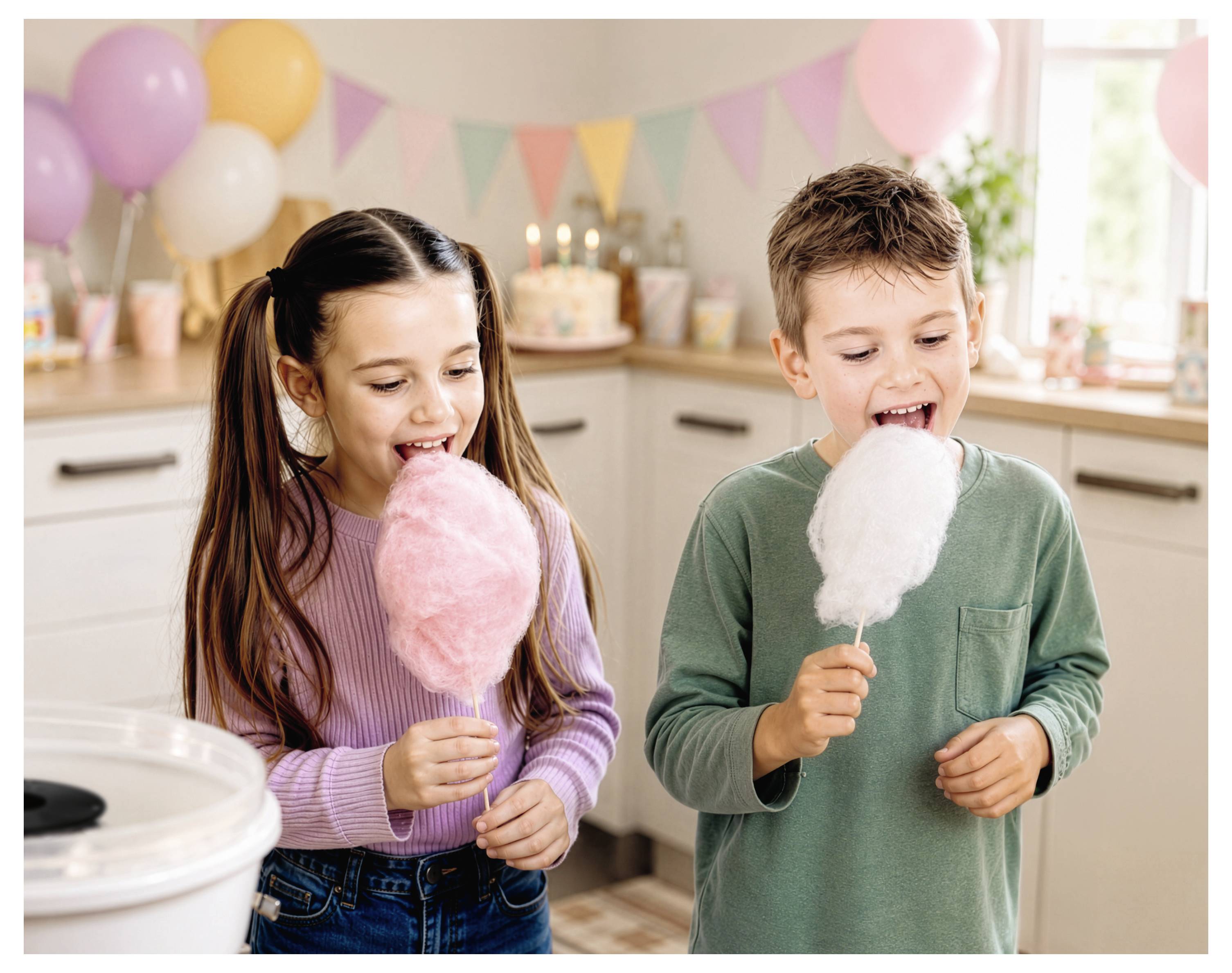 Zwei Kinder essen rosa und weiße Zuckerwatte auf einer Party mit Luftballons und Wimpelketten im Hintergrund.