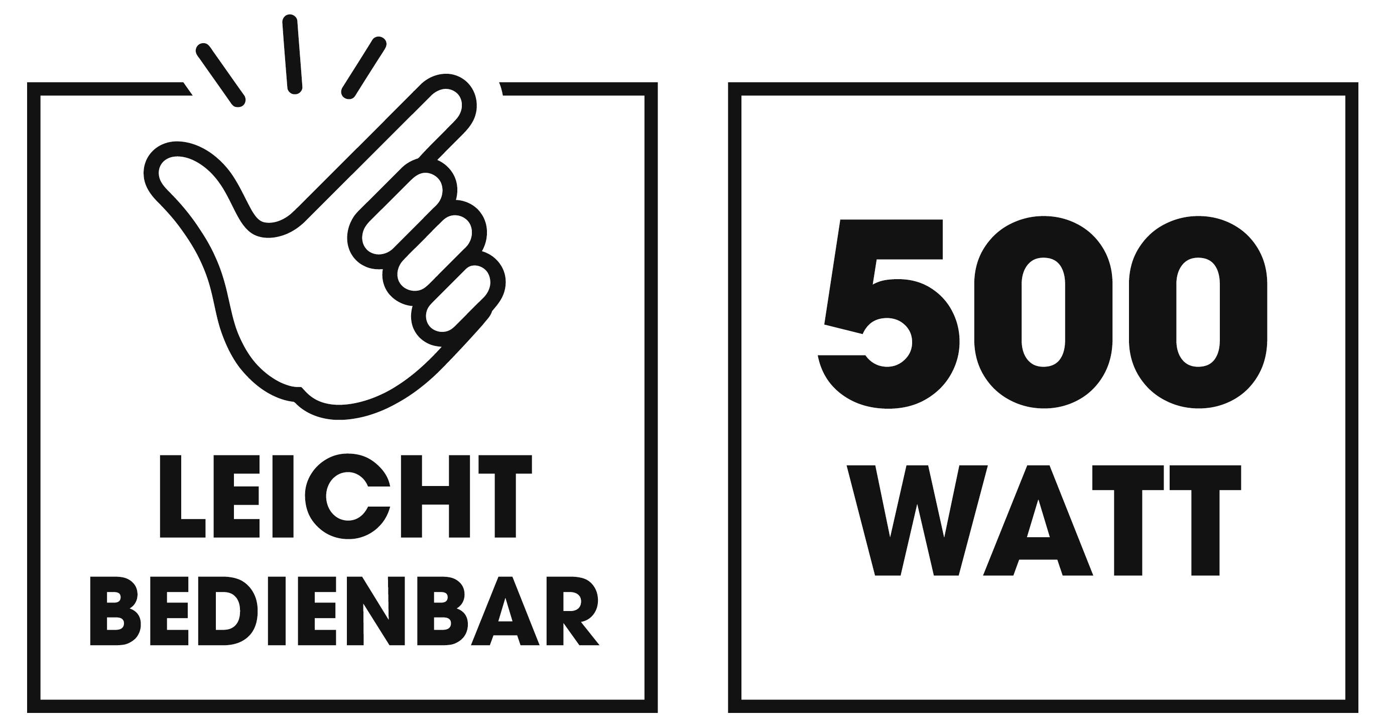 Hinweissymbole: links ein Fingerklick mit 'LEICHT BEDIENBAR', rechts '500 WATT' in einem Rahmen.