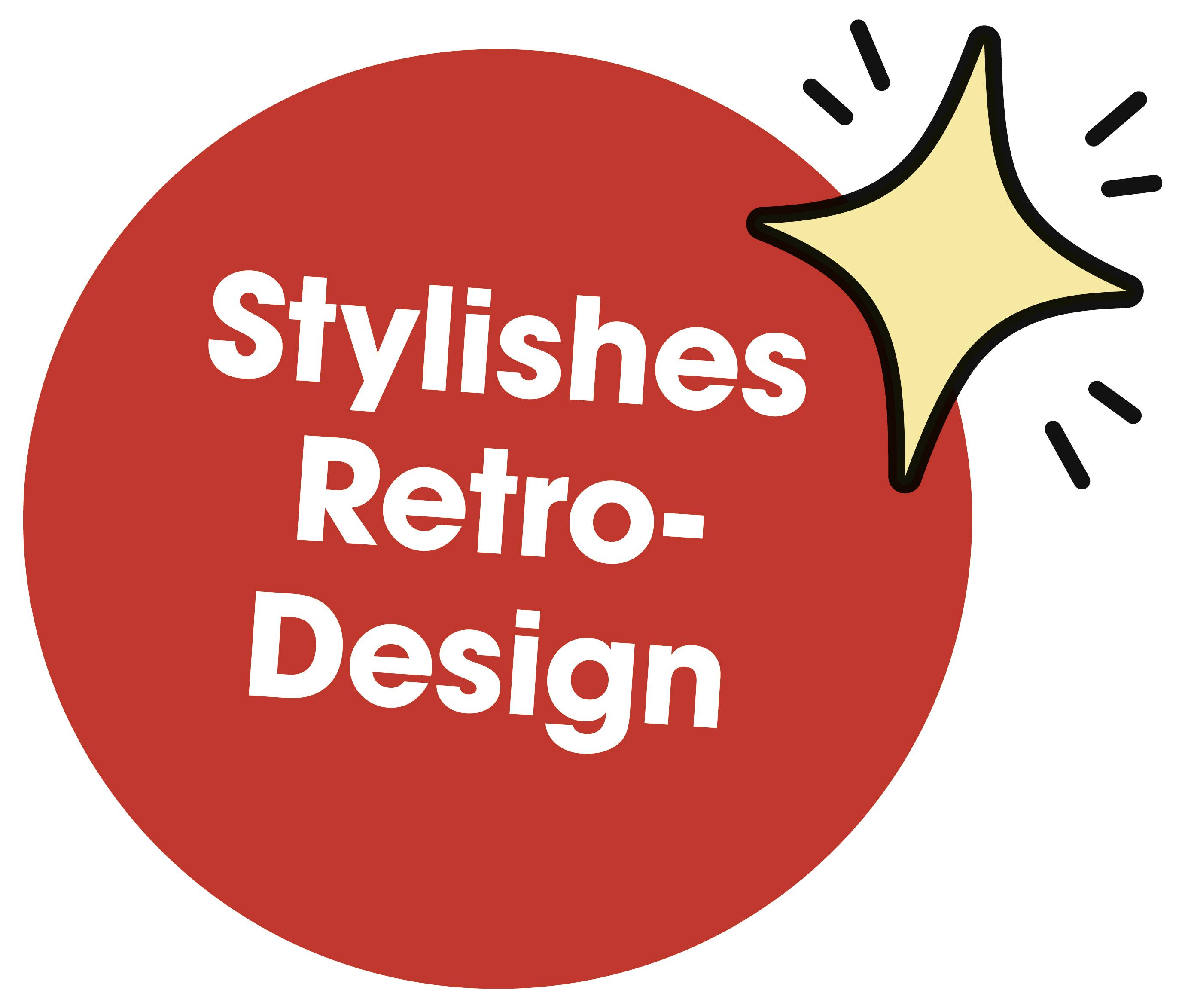 Roter Kreis mit dem Text 'Stylishes Retro-Design' und gelbem Sternsymbol oben rechts.